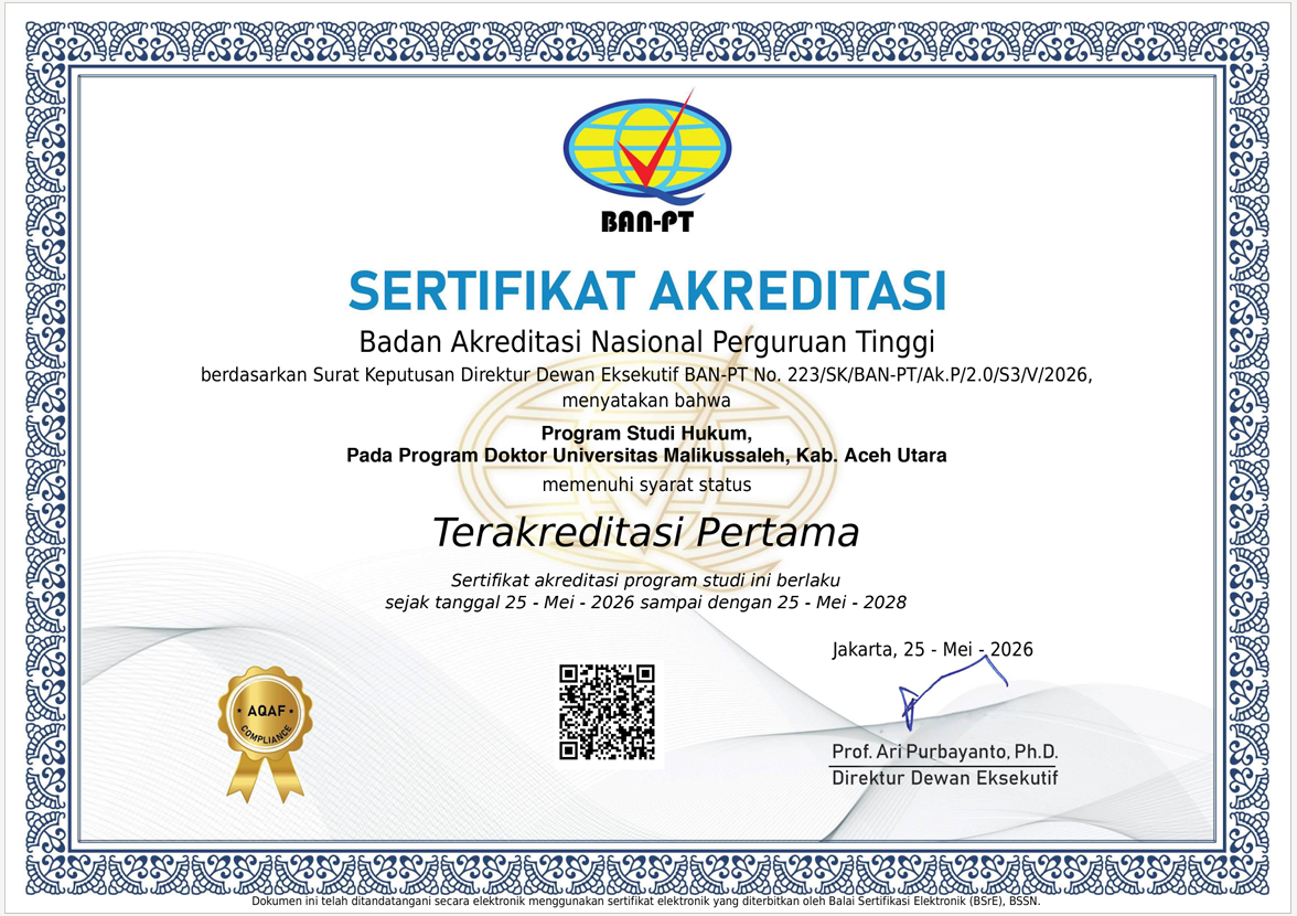Program Studi Doktor Hukum Universitas Malikussaleh Raih Status Terakreditasi Pertama dari BAN-PT